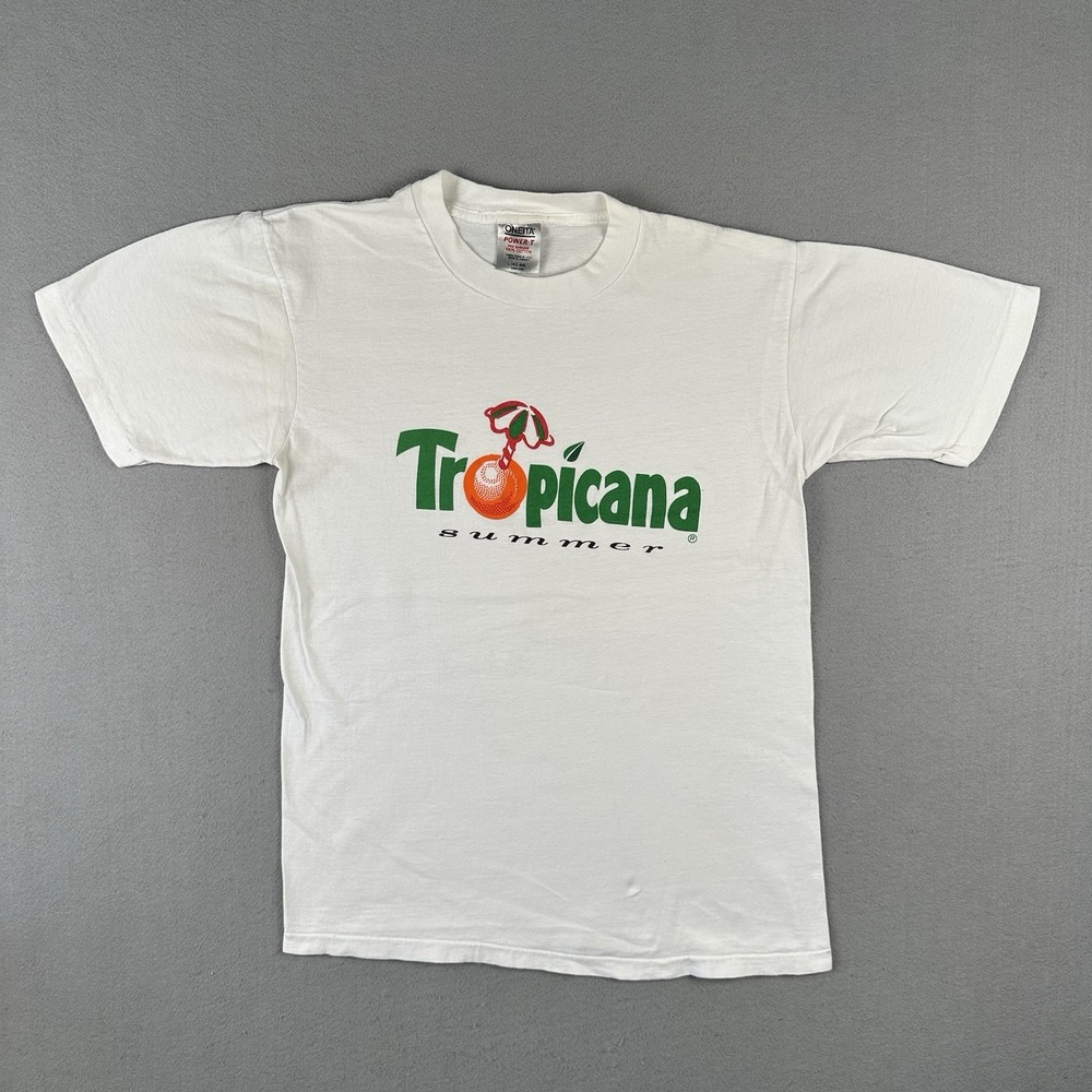 Vintage 90s Tropicana Summer Shirt Men's Large White Orange Juice Short Sleeve